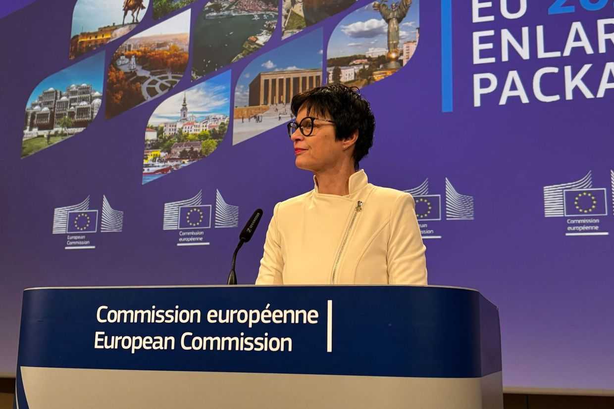 EU Enlargement Commissioner Marta Kos, presenting the EU’s 2025 enlargement report in Brussels on 4 November. Photo: Tamar Shvelidze/OC Media.