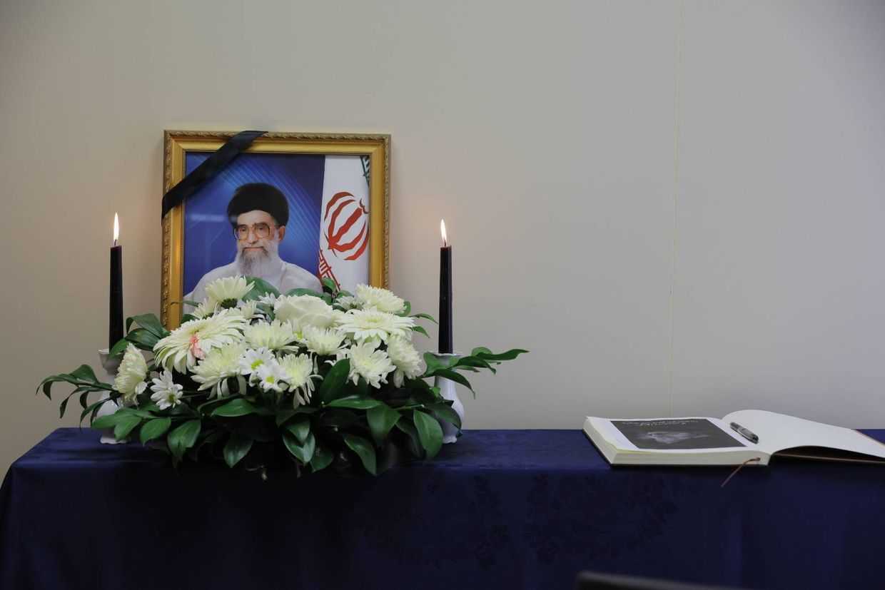A memorial for Iran’s slain Supreme Leader Ali Khamenei at the Iranian embassy in Tbilisi.