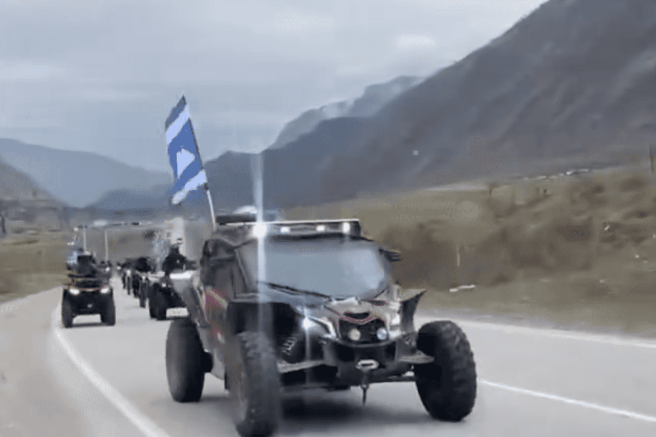 Car rally in the Day of the Revival of the Balkar People held on 28 March 2026. Screengrab from video.