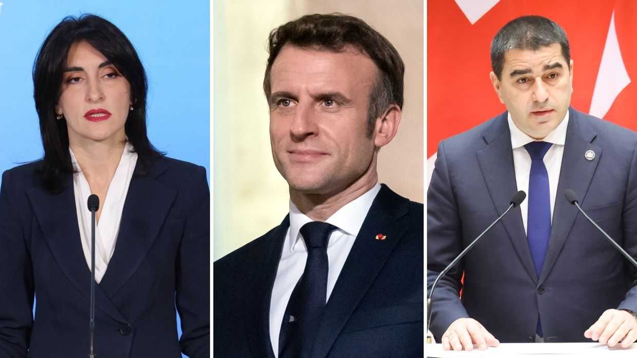 From L to R: Georgian Foreign Minister Maka Bochorishvili, French President Emmanuel Macron, and Speaker of Georgia's Parliament, Shalva Papuashvili. Official photos.
