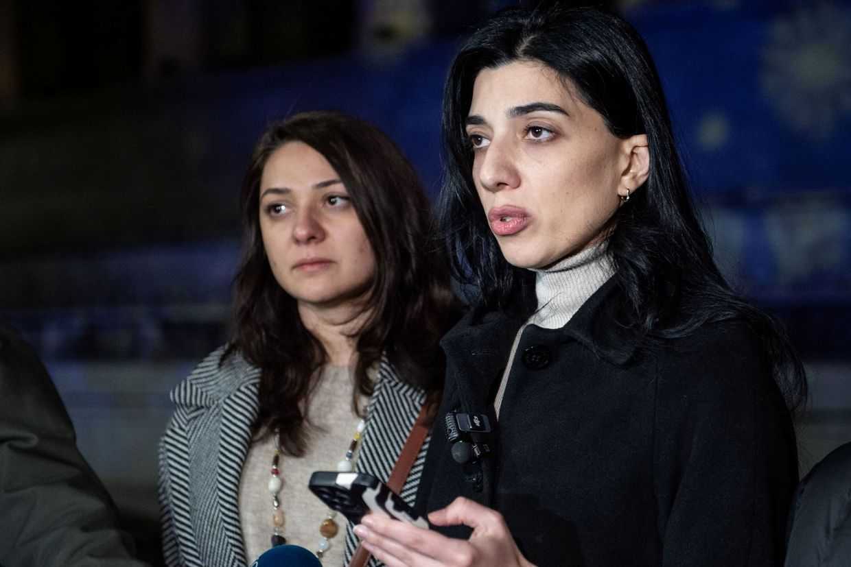 Mariam Chachua and Nini Lezhava giving a statement at the parliament. Photo: OC Media/Mariam Nikuradze&nbsp;