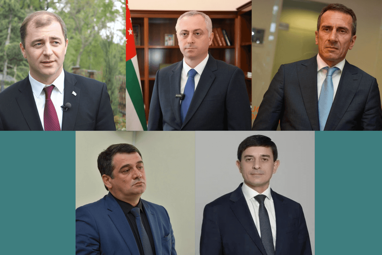 Candidates in in Abkhazia’s 2025 presidential elections. Clockwise from top left: Adgur Ardzinba, Badra Gunba, Oleg Bartstits, Adgur Khurkhumal, and Robert Arshba. Photo Collage: Lily Samarine/OC Media.