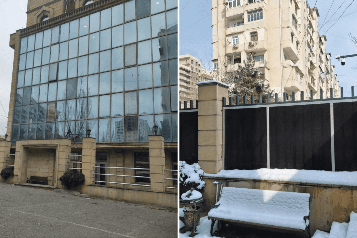 The original barrier around Baku’s Khatai District Court (left) compared to the new fence (right). Photos via social media and Fatima Movlamli.