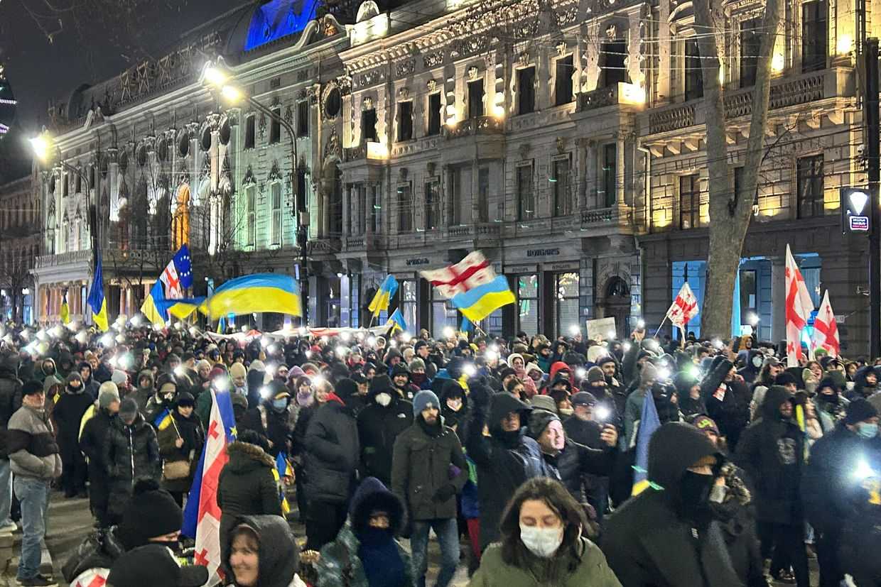 A protest in Tbilisi in support of Ukraine on the third anniversary of Russia's full-scale invasion. Photo: Mikheil Gvadzabia/OC Media.