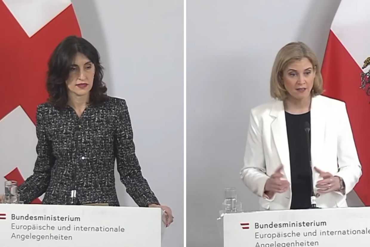 Maka Botchorishvili and Beate Meinl-Reisinger during at a joint press conference. Photo: screengrab from an Austrian Foreign Ministry video