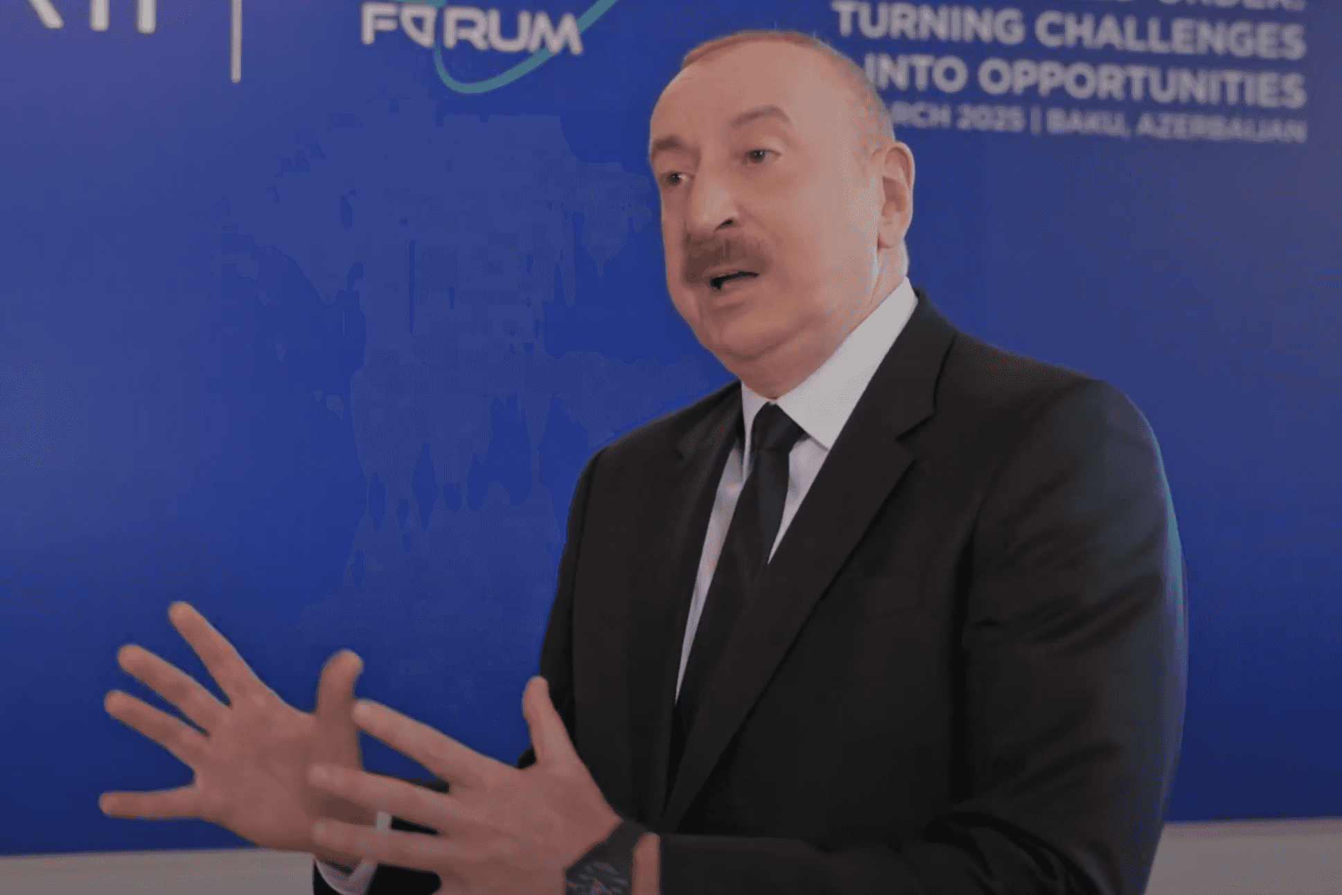 Azerbaijani President Ilham Aliyev speaking to Euronews at the 12th Baku Global Forum. Screengrab from video.