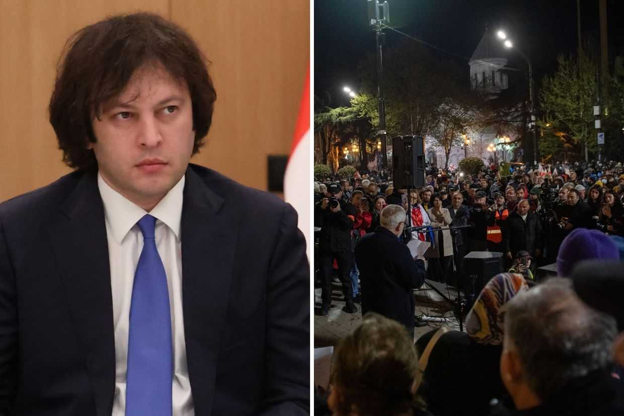 The ruling party officials, including Prime Minister Irakli Kobakhidze, compared protesters to Soviet troops. Left: Official photo. Right: Mariam Nikuradze/OC Media