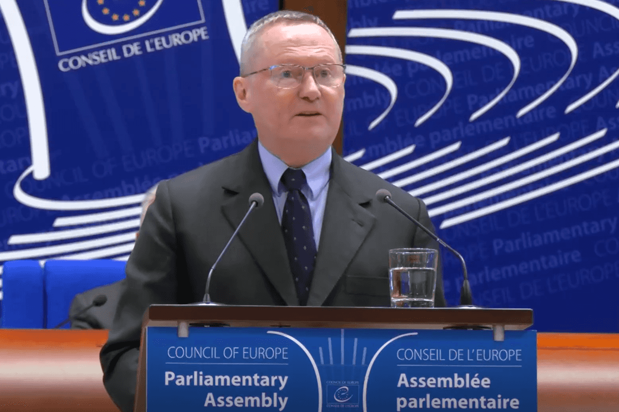 Council of Europe Human Rights Commissioner Michael O’Flaherty speaking to the Council of Europe’s Parliamentary Assembly on 7 April 2025. Screengrab from official video.