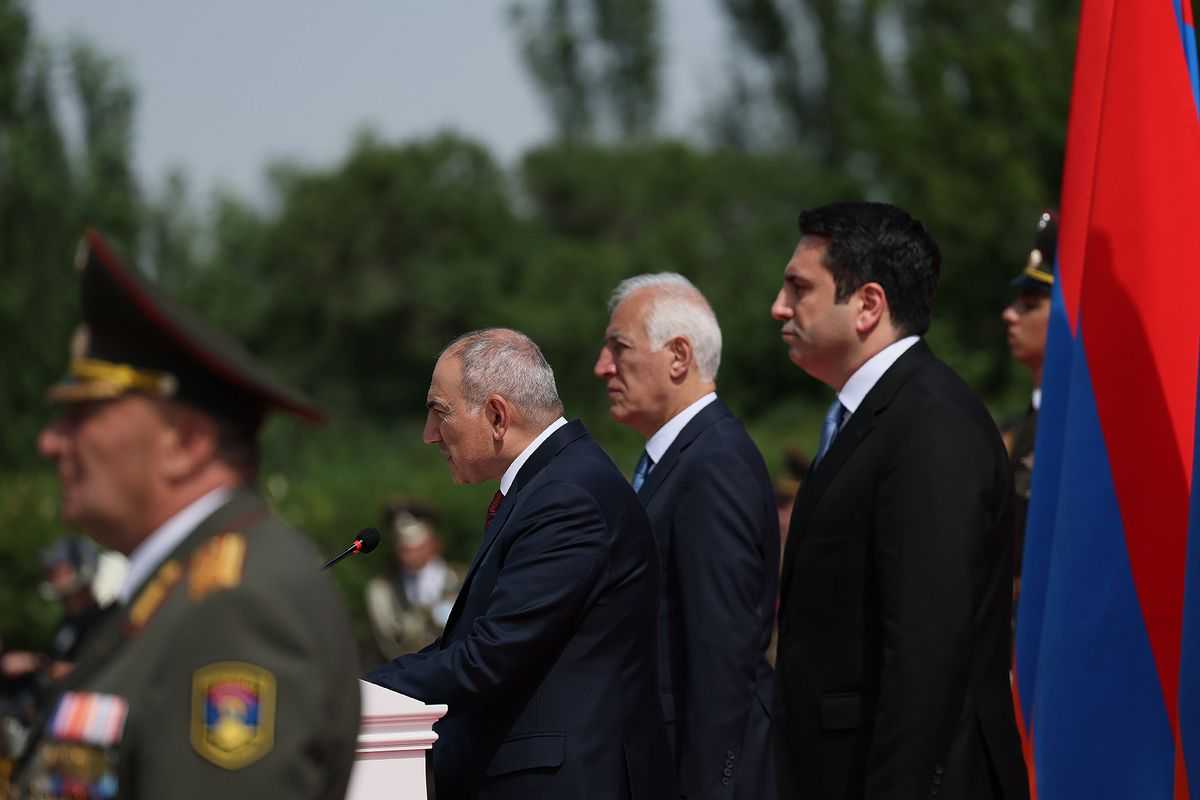 Prime Minister Nikol Pashinyan (left), President Vahagn Khachaturyan (middle), and Parliamentary Speaker Alen Simonyan at the Celebration of Republic Day. Official photo.