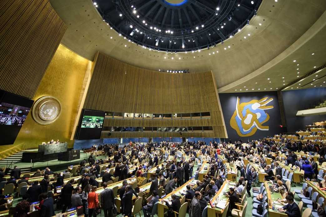 The interior of the UN General Assembly. Official photo.
