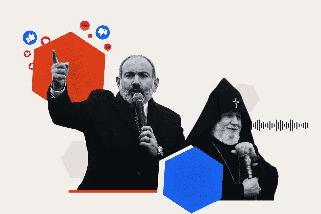 Armenian Prime Minister Nikol Pashinyan (left) and Catholicos Karekin II (right). Official photos with graphic design by Tamar Shvelidze/OC Media.