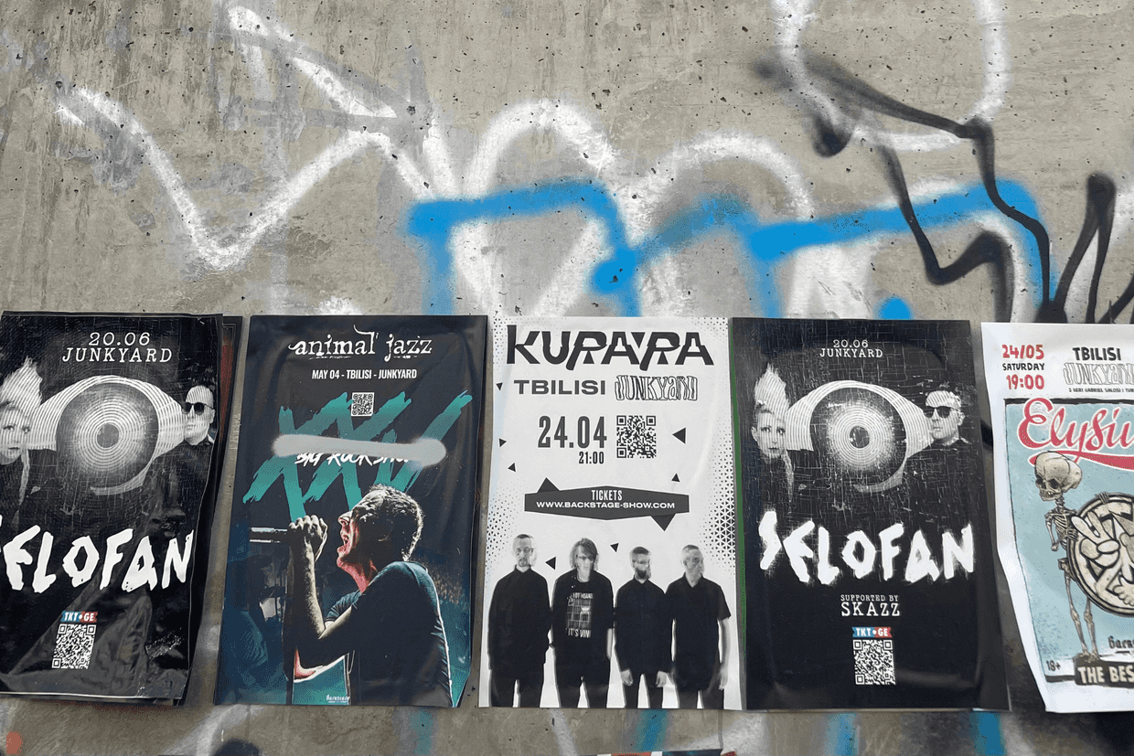 Posters promoting live music events at Junkyard, an underground venue in Tbilisi. Photo: Daniel Hayes/OC Media.