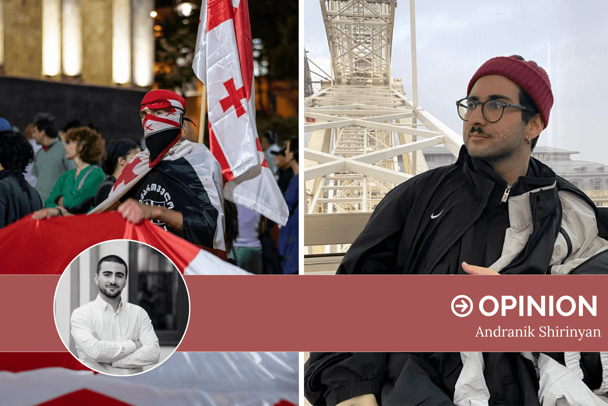Protests in Georgia (left). Photo: Mariam Nikuradze/OC Media. Bahruz Samadov (right). Photo via social media.