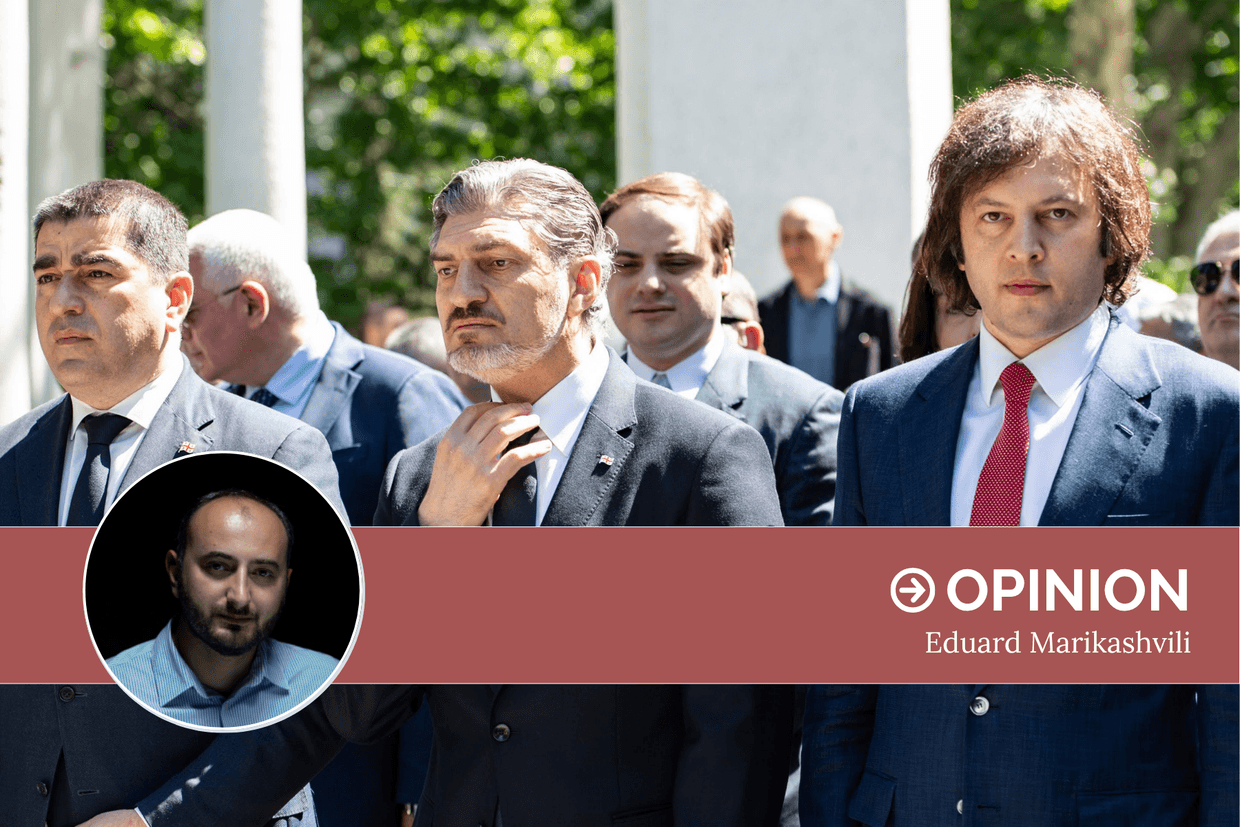 Parliamentary Speaker Shalva Papuashvili (left), President Mikheil Kavelashvili (centre), and Prime Minister Irakli Kobakhidze (right) commemorate Victory Day in Tbilisi. Photo: Mariam Nikuradze/OC Media.