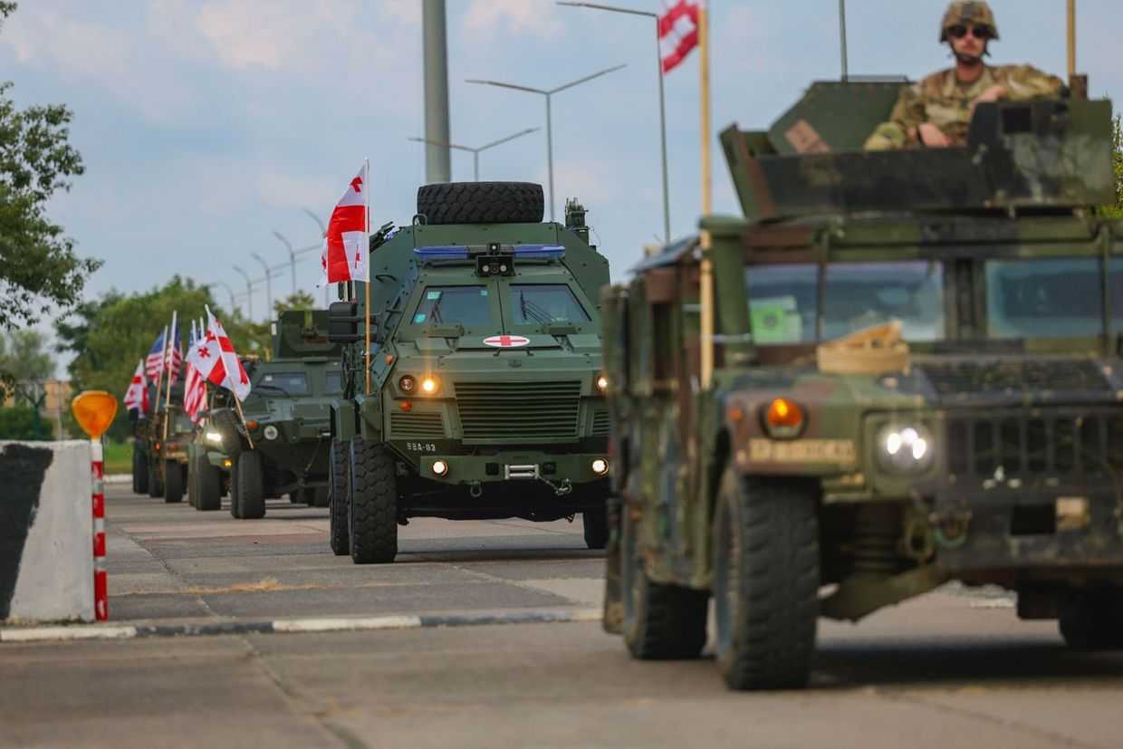 Georgian and US military vehicles participating in the Agile Spirit 2025 military exercises in Georgia. Official photo.