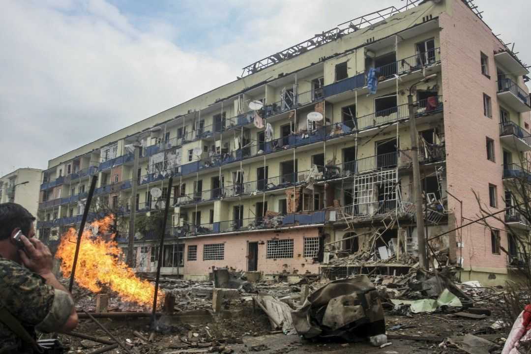A residential building in Gori bombed by Russian forces during 2008 August war. Photo: Leli Blagonravova.