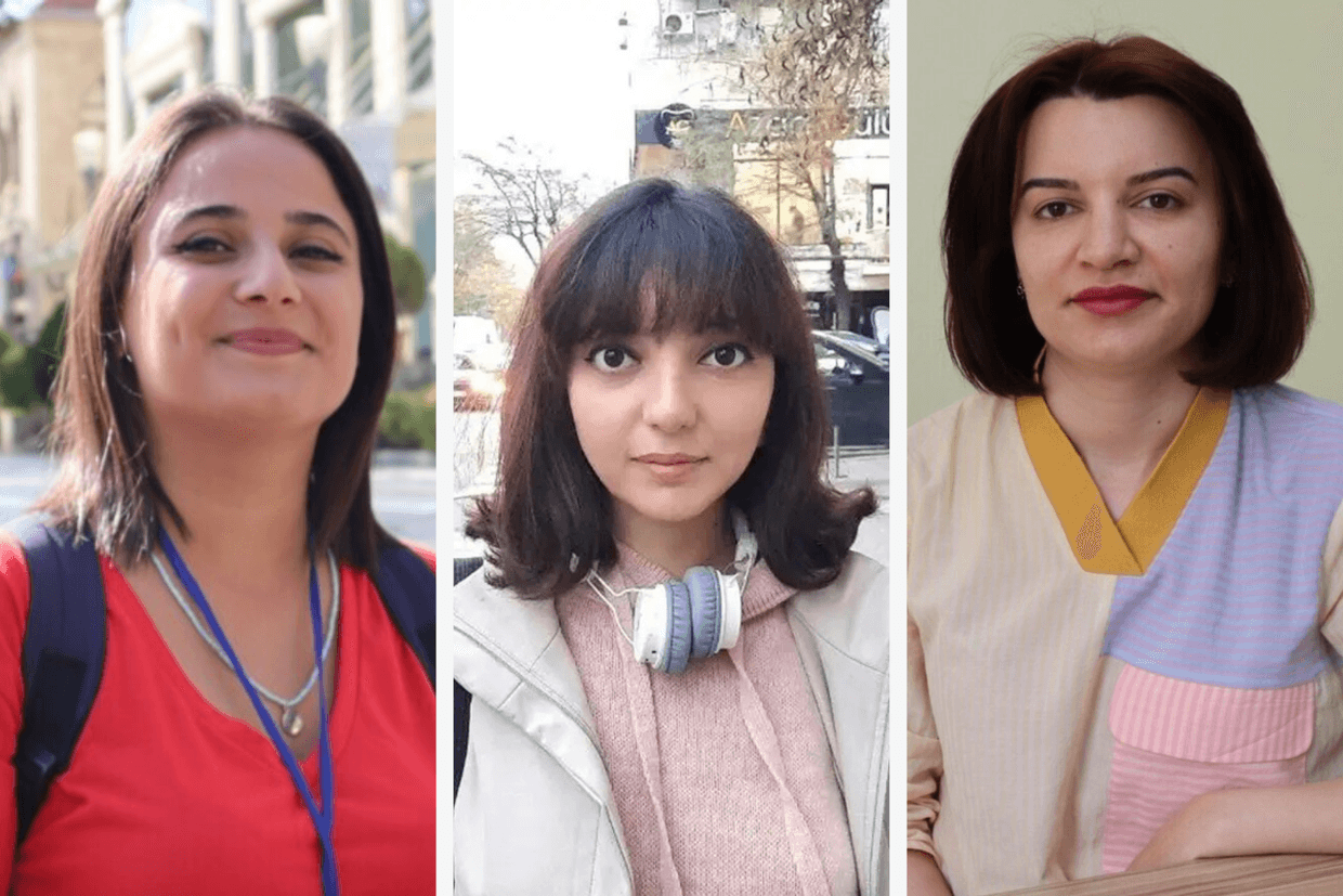 Nargiz Absalamova, Elnara Gasimova, and Sevinj Abbasova, imprisoned Abzas Media staff members. Photo: Ulviyya Guliyeva/VOA.