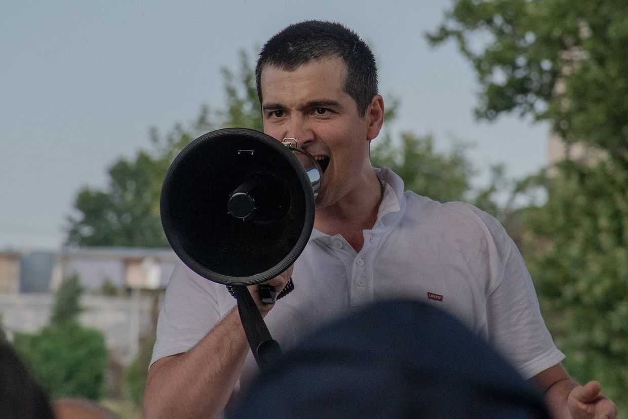 Zurab Makharadze leading a gathering against the opening of Pride Week on 2 July 2021 in Tbilisi. Photo: Shota Kincha/OC Media.