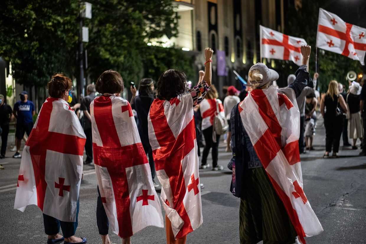 Anti-government protesters block off the area around parliament on Tbilisi’s main avenue during a nightly protest. Photo: Mariam Nikuradze/OC Media