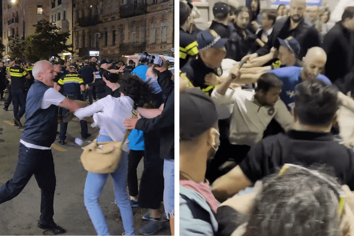 Zaza Mamaladze slapping Keti Alaverdashvili (left) and Irakli Buachidze with a police baton attacking protesters (right). Screengrabs from video.
