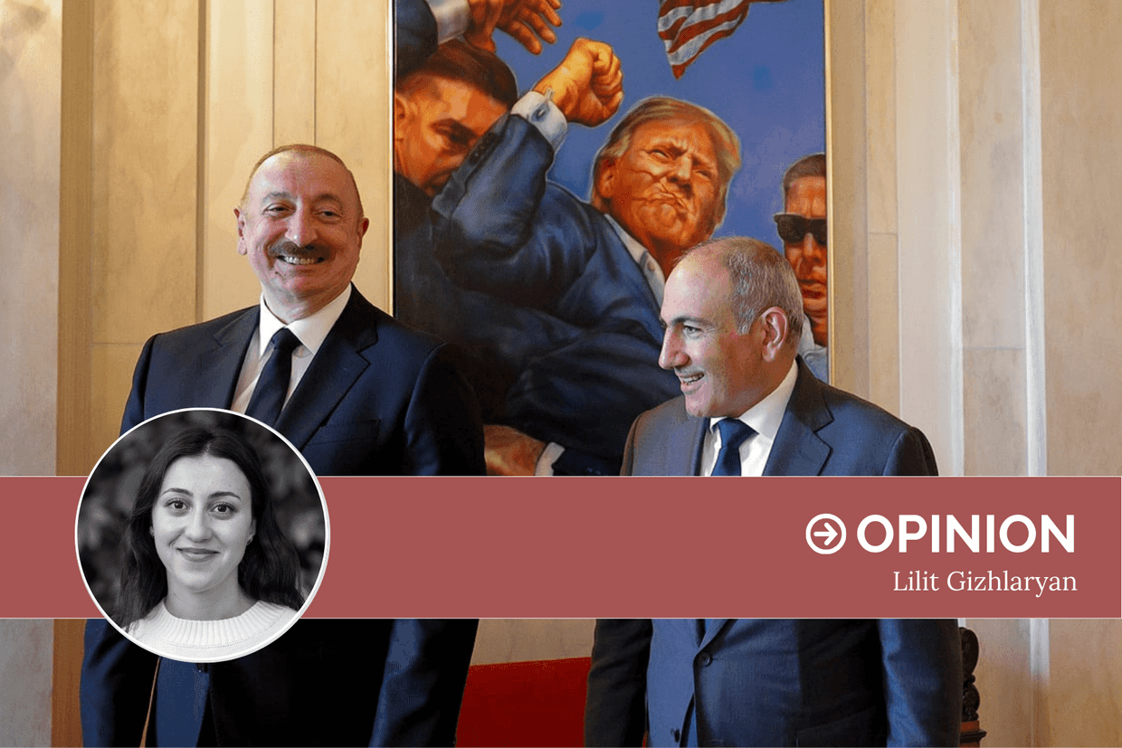Azerbaijani President Ilham Aliyev (left) standing with Armenian Prime Minister Nikol Pashinyan (right) in front of a painting of US President Donald Trump. Photo via social media.