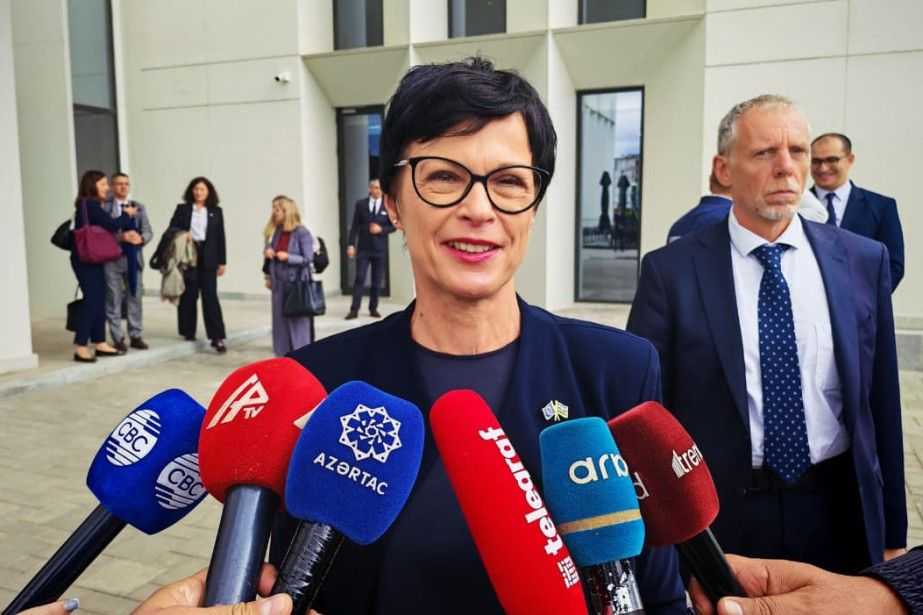 EU Enlargement Commissioner Marta Kos during a visit to Aghdam. Photo: Azertac.