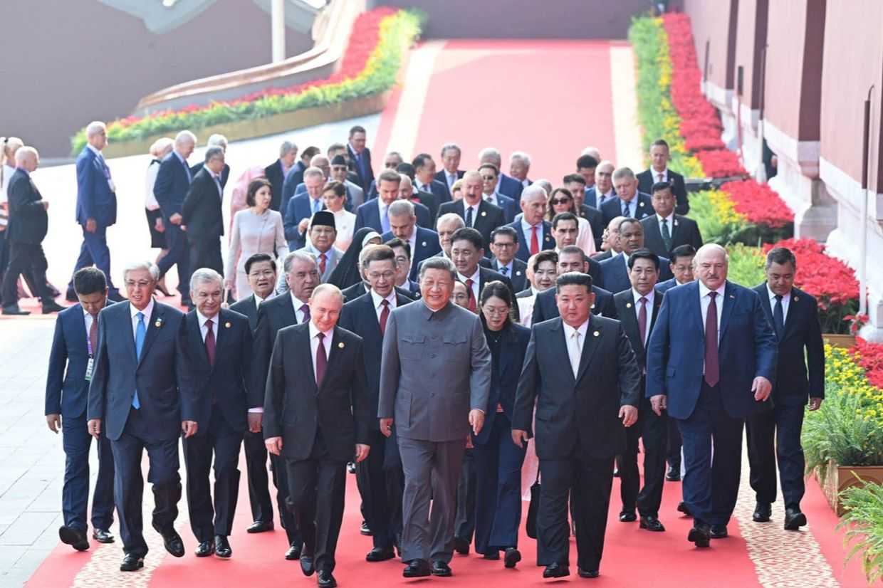 The leaders of China, Russia, North Korea, Azerbaijan, Belarus, Kazakhstan, and more gather before the start of the military parade in Beijing. Official photo.