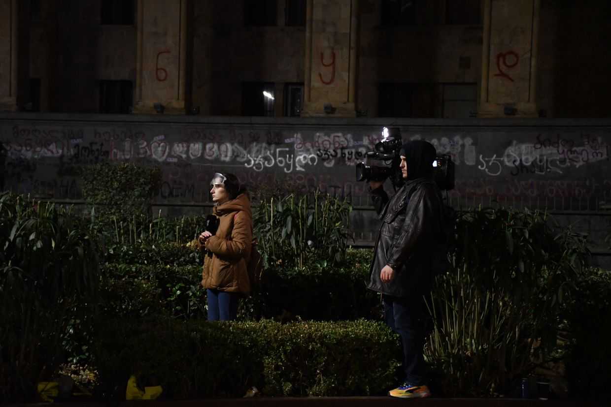 The Formula crew covering an anti-government protest on 29 November 2024. Photo: Mariam Nikuradze/OC Media.