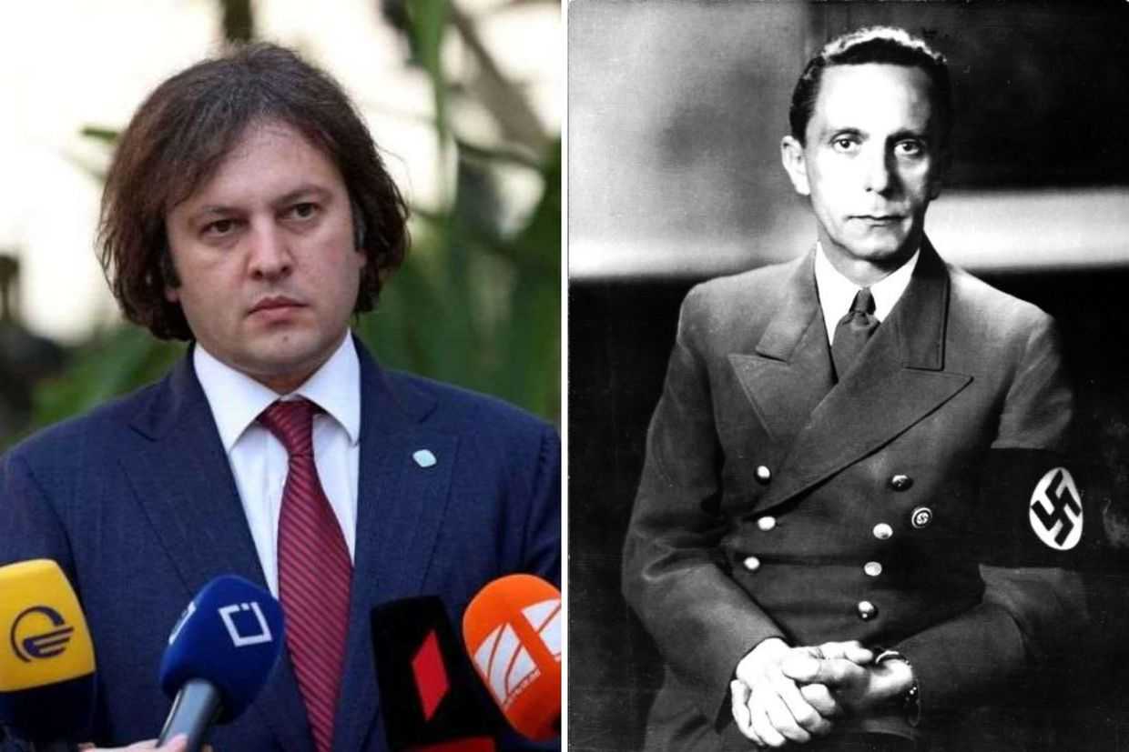 Georgian Prime Minister Irakli Kobakhidze (left) and Nazi propagandist Joseph Goebbels (right). Photos via Imedi and Wikimedia commons.