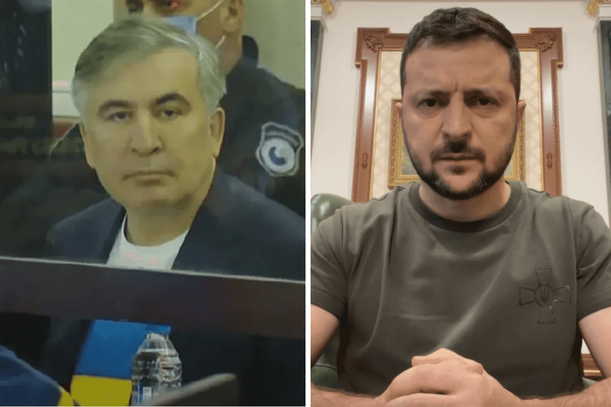 (Left) Mikheil Saakashvili in court in February 2022. Photo via Mtavari. (Right) Volodymyr Zelenskyi. Official photo.