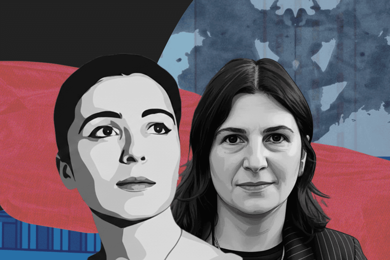 Soviet critic Nazi Shamanauri and Georgian Dream critic Nino Datashvili. Image created with AI.