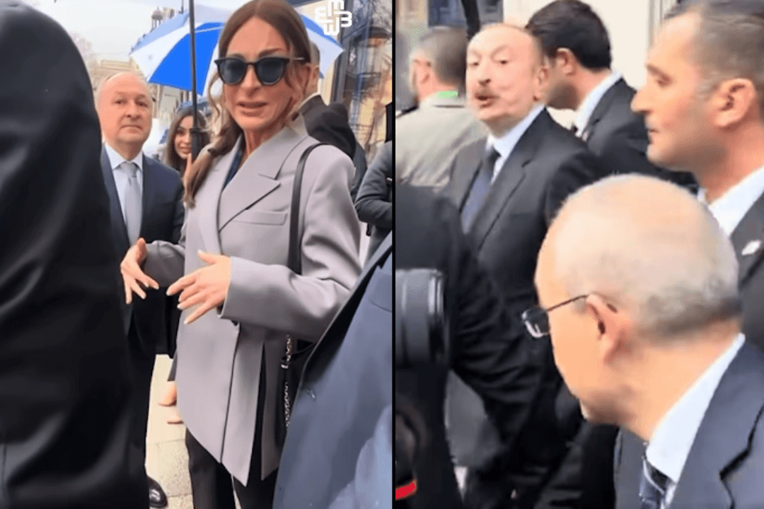 Azerbaijani President Ilham Aliyev and his wife Mehriban Aliyeva responding to Emin Huseynov in Munich. Screengrabs from a Meydan TV video.
