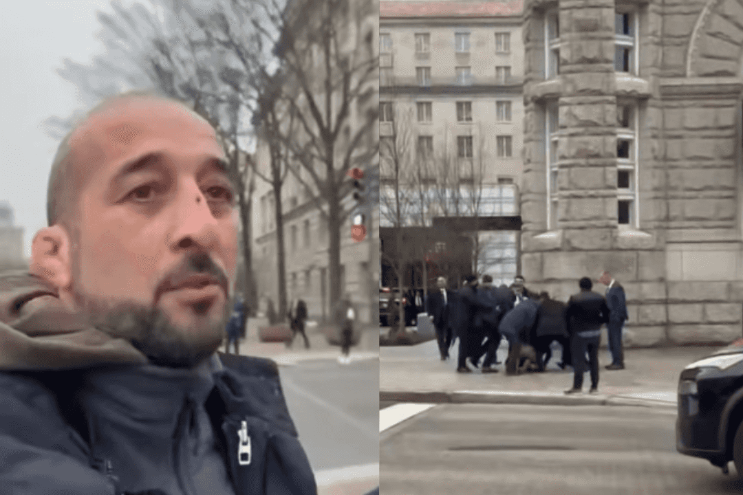 Protester Adil Amrakhly, who was beaten by President Ilham Aliyev's bodyguards on 19 February in Washington, DC. Screen grab from the video.
