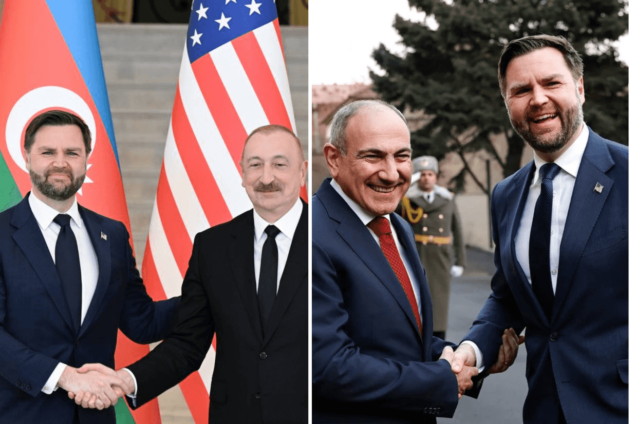 Left: US Vice President JD Vance with Azerbaijani President Ilham Aliyev. Right: Armenian Prime Minister Nikol Pashinyan with US Vice President JD Vance. Official photos.