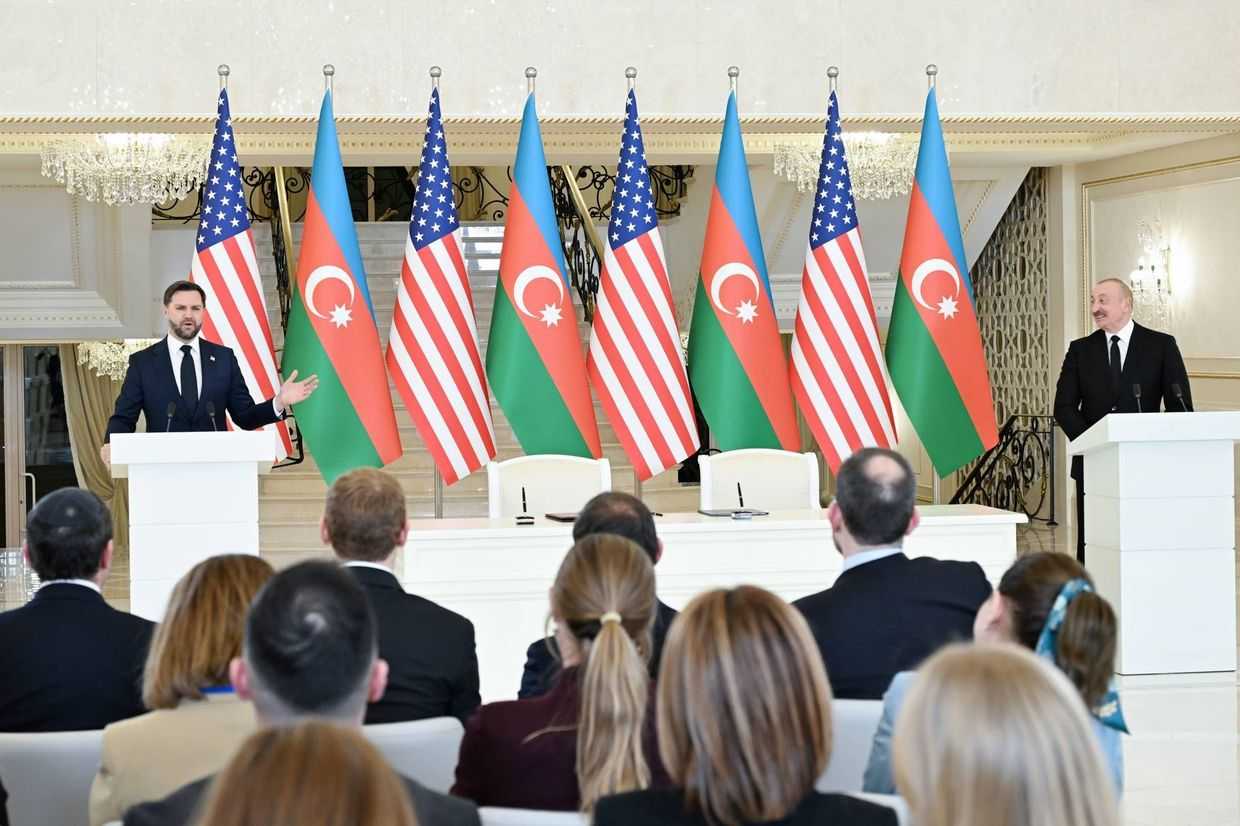 US Vice President JD Vance (left) and Azerbaijani President Ilham Aliyev during the briefing in Baku on Tuesday.