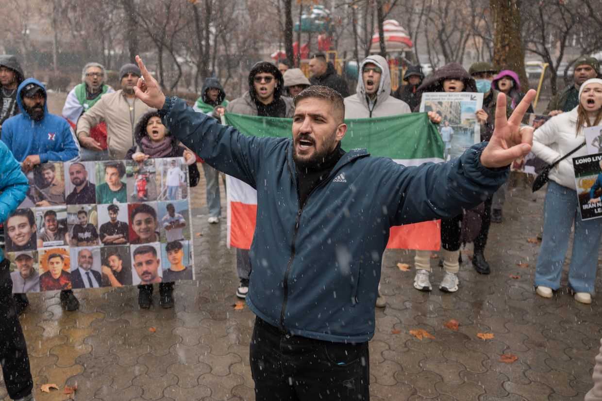 Iranian people attend a demonstration in support of the U.S. and Israeli strikes on Iran in front of Iranian Embassy in Yerevan, Armenia on 28 February 2026. (AP Photo/Anthony Pizzoferrato).
