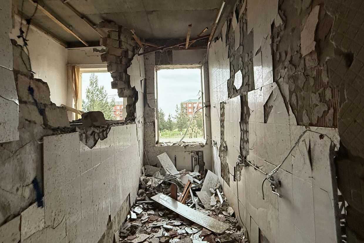 Damage at a school in the Azerbaijani exclave of Nakhchivan following an Iranian drone attack on 5 March 2026. (AP Photo).