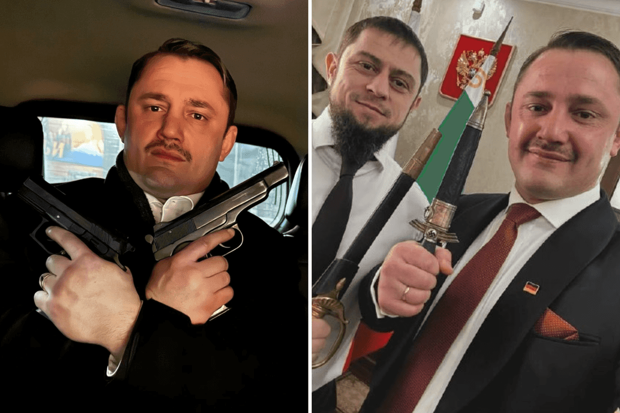 Noah Krieger, or Murad Dadaev, as seen in Chechnya (left), and a picture of him gifting Chechen Information Minister Akhmed Dudaev daggers adorned with swastikas. Photos via social media.&nbsp;