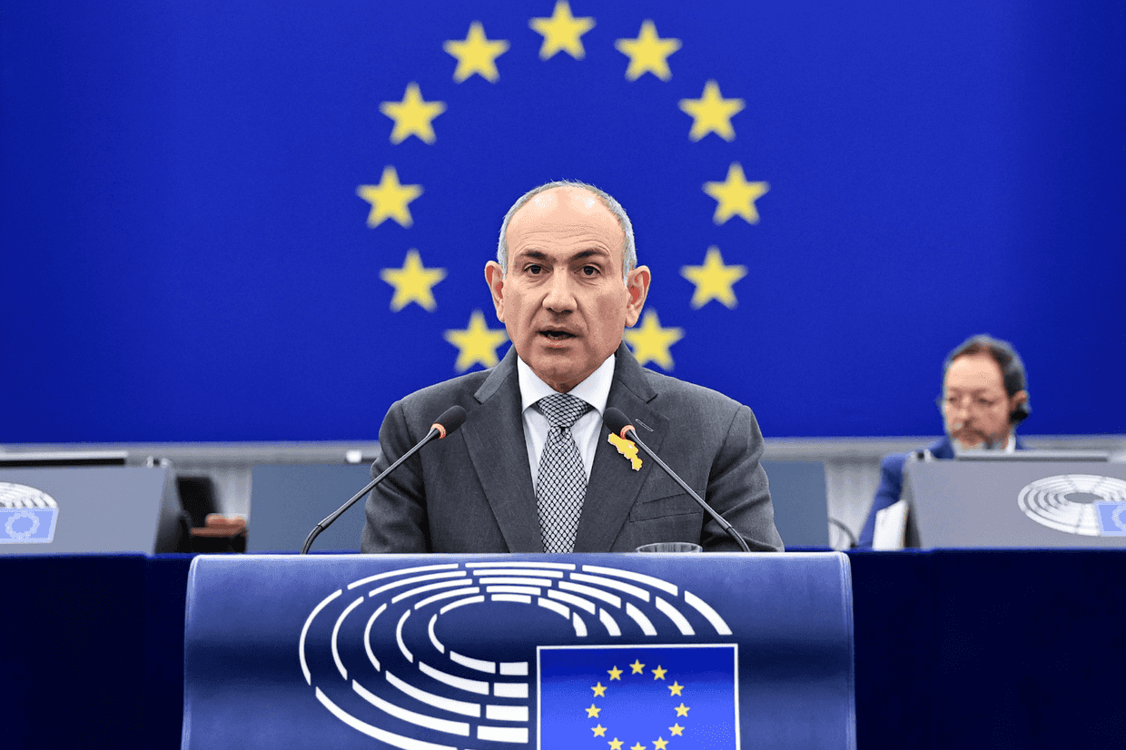 Prime Minister Nikol Pashinyan delivering a speech at the European Parliament in March 2026. Official photo.