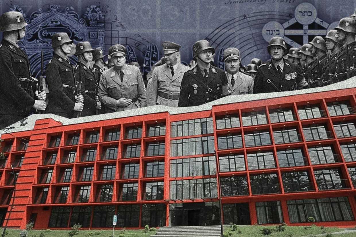 Members of the SS 'Ahnenerbe' unit stand against esoteric symbols and behind Kutaisi International University. Collage by Tamar Shvelidze/OC Media.