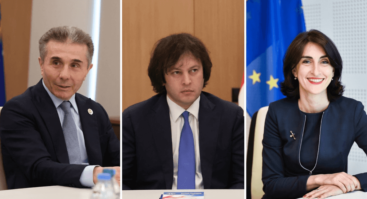 Georgian Dream founder and Honourary Chairman Bidzina Ivanishvili (L), Prime Minister Irakli Kobakhidze (C), and Foreign Minister Maka Bochorishvili (R). Official images.&nbsp;
