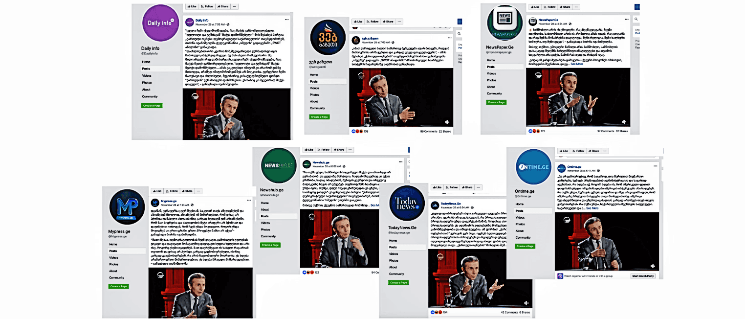 Facebook ‘news pages’ identified by the Atlantic Council’s Digital Forensic Research Lab promoting Georgian Dream chair Bidzina Ivanishvili.