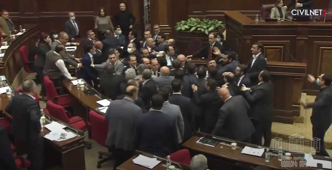 A fight in the Armenian Parliament. Screengrab of video via Civilnet. 