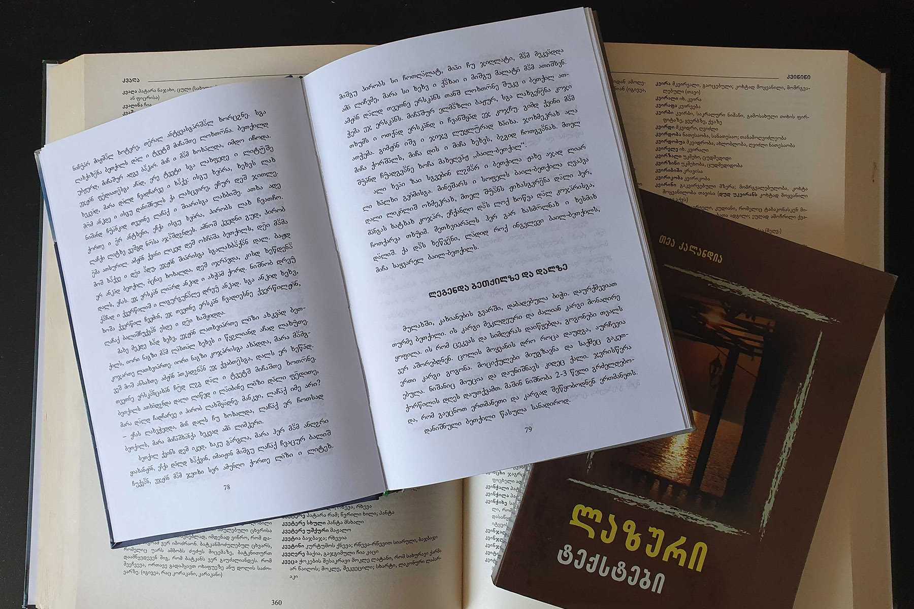 A book in Svan, a Mingrelian–Georgian dictionary, and a collection of Laz texts. Photo: Dominik K Cagara/OC Media.
