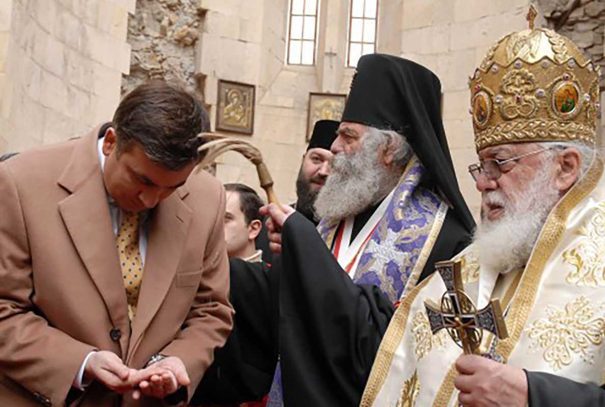Mikheil Saakashvili being blessed by Patriarch Ilia II during his inauguration in 2008 at the Bagrati Cathedral. Official photo.