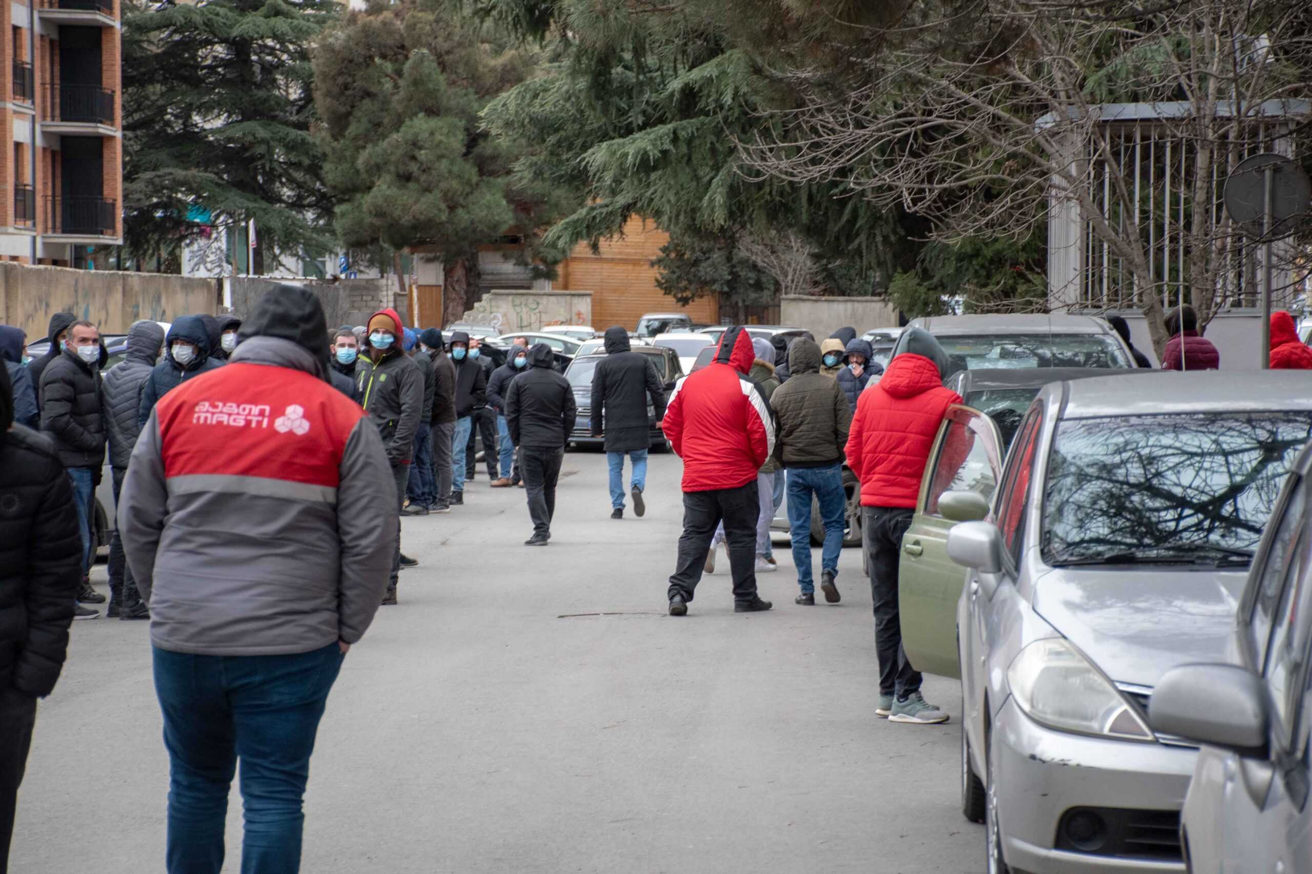 Employees on strike outside the MagtiCom offices in Tbilisi on 13 January 2022. Photo: Shota Kincha/OC Media.
