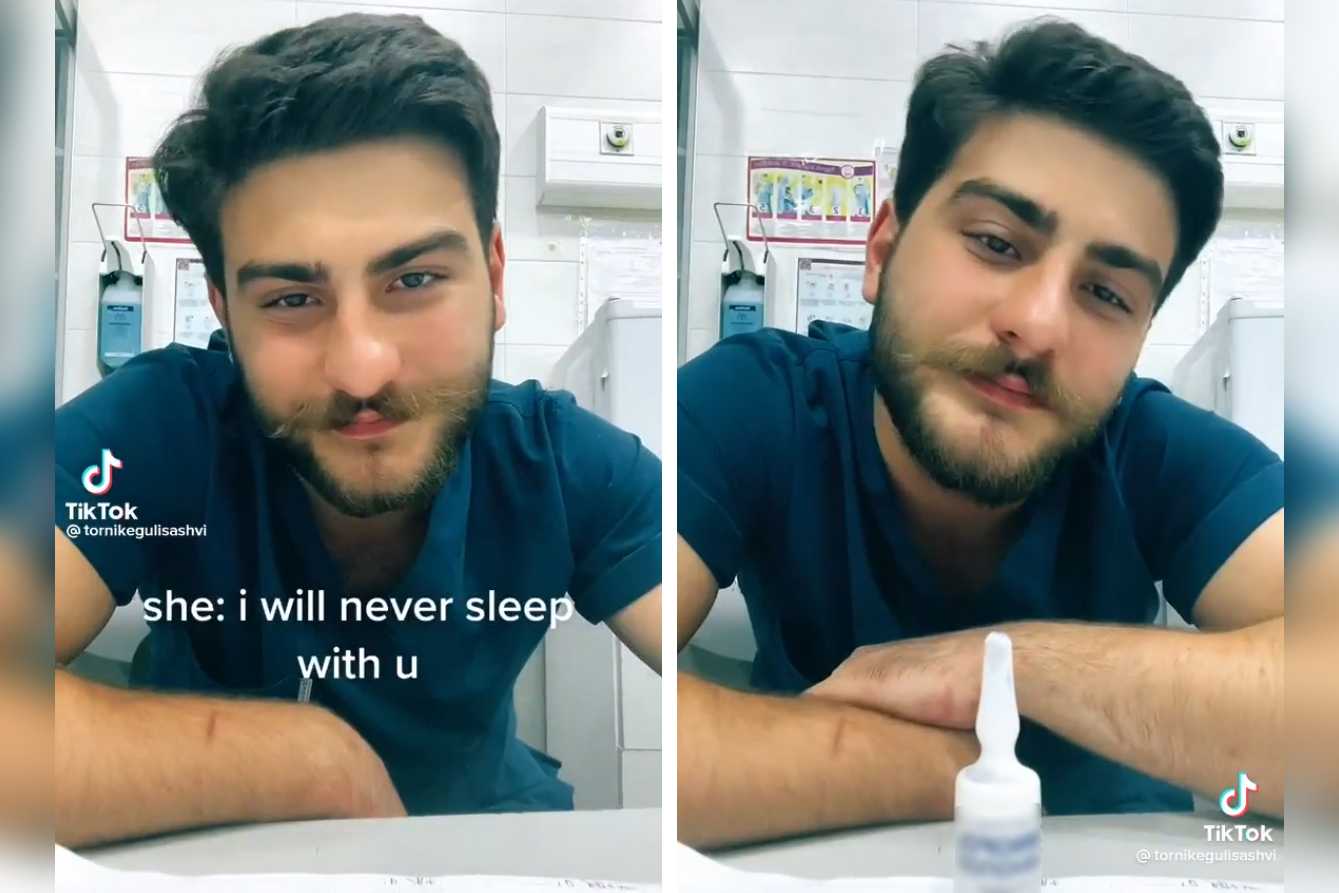 Stills from the video posted on TikTok in which Tornike Gulisashvili joked about raping women. The label on the bottle has been blurred. 