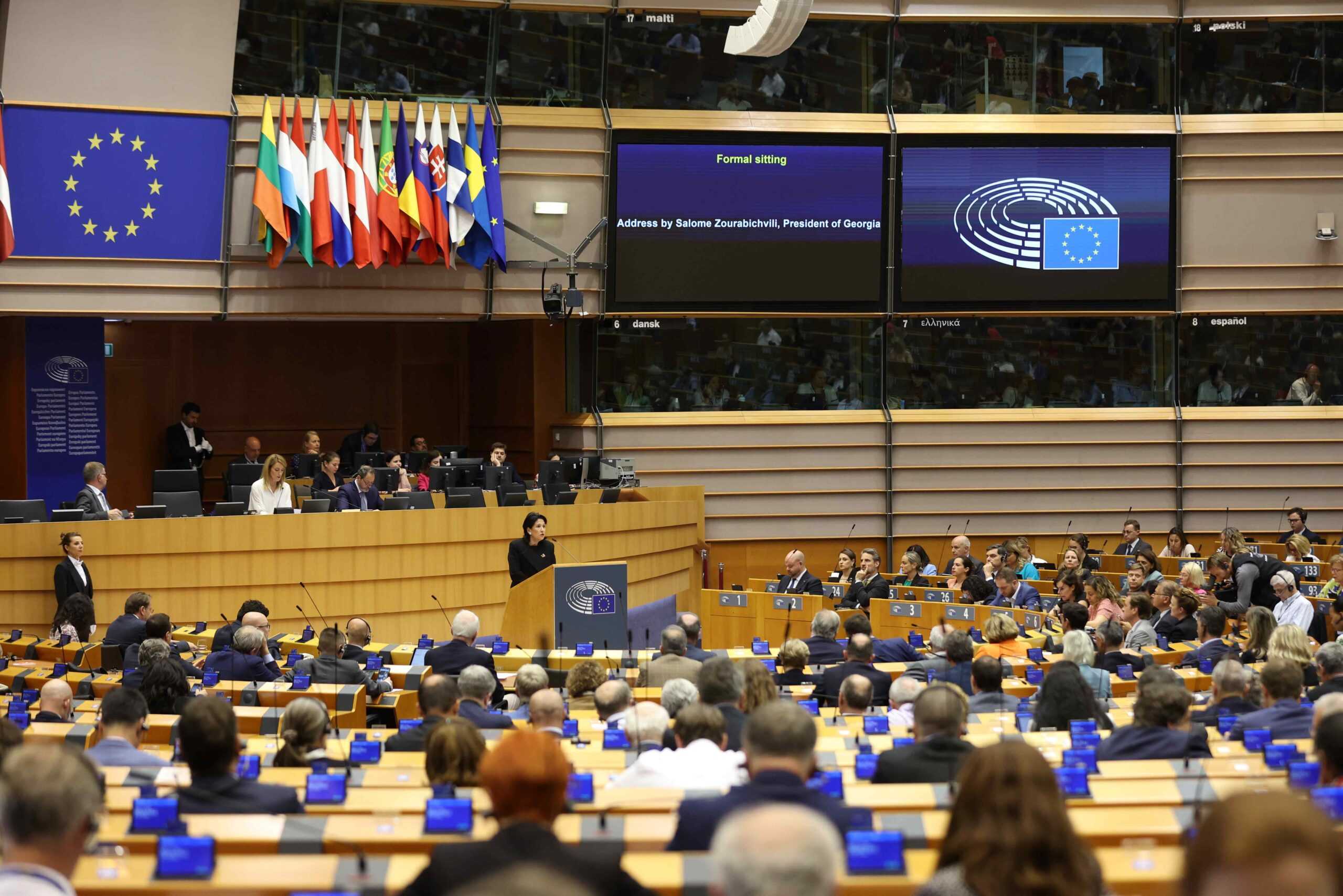 Georgian President Salome Zurabishvili addressing the European Parliament on 31 May. Photo via Georgian Presidential Administration.