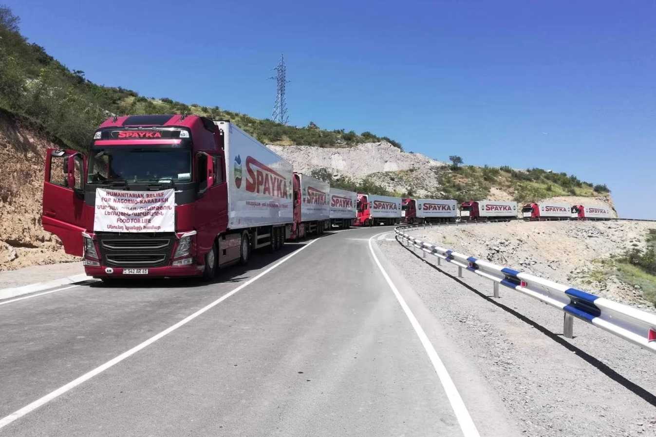Lorries loaded with humanitarian supplies en route to Nagorno-Karabakh. Photo: RFE/RL.