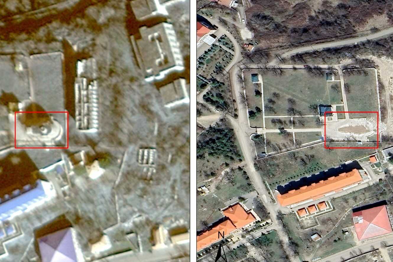 Satellite imagery showing the St Hovhannes Mkrtich church in December 2023 (left) and April 2024 (right). Image via Caucasus Heritage Watch.